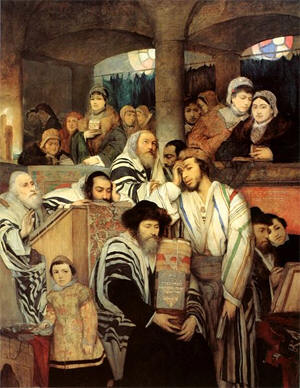 Yom Kippur in the synagogue, painting by Maurycy Gottlieb (1878)